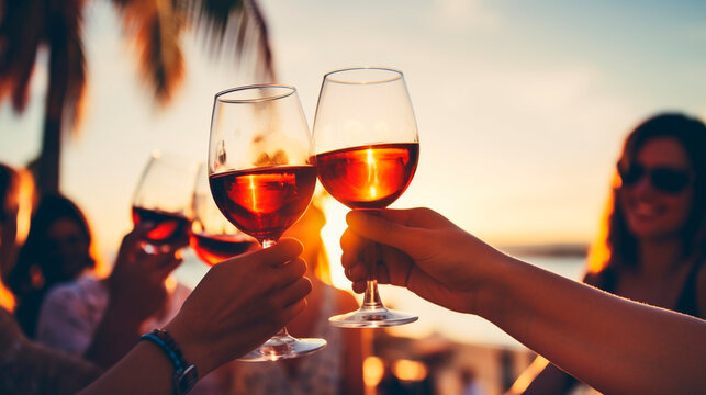 happy friends drinking wine on the beach sunset, rest