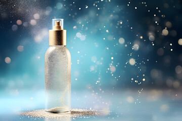 A magical sparkling water spray bottle. Cosmetic product mockup on rainbow glitter background with bubbles and gold glitter. - obrazy, fototapety, plakaty