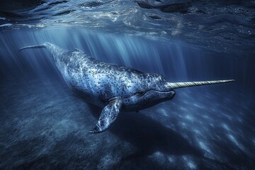 Majestic narwhal swimming in the Arctic Ocean with sunlight filtering through water.

