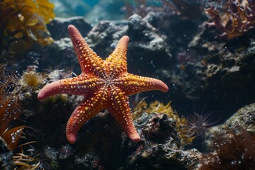 Vibrant underwater shot of an orange starfish on coral reef, teeming with marine life.

