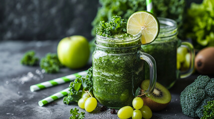 Mugs from glass jars with green health smoothie, lime, apple, kiwi, grapes, , avocado, salad