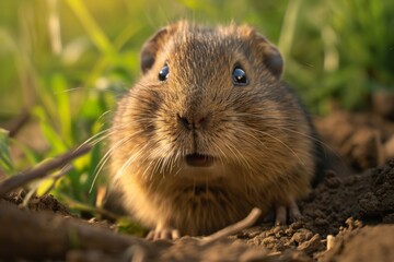 Adorable gopher peeking from its burrow in a sunlit field, full of curiosity.

