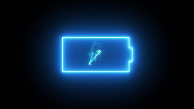 Glowing blue and red neon line Battery icon animated video. Lightning blinking bolt symbol