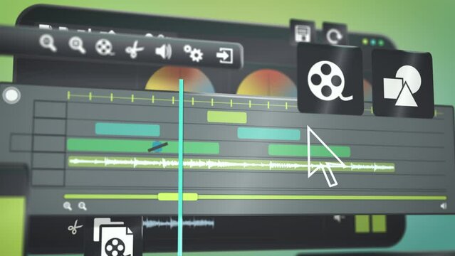 Video editing design tool interface Application for editing clips, settings, layers, timeline, audio mixer toolbar, close-up
