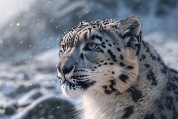 Majestic snow leopard in its natural habitat, with a snowflake-dusted fur, epitomizing wilderness.

