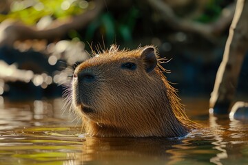 A capybara half-submerged in water, enjoying a serene moment in its natural river habitat.

