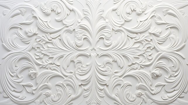 White background with floral ornament. relief made of gypsum. Decorative plaster on the wall.