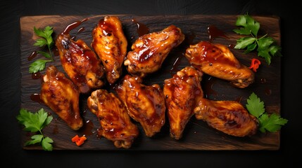 A platter of perfectly grilled chicken wings with spicy sauce. Serving fancy food in a restaurant. Top view.