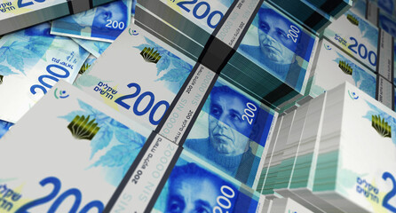 Israel Shekel 200 ILS banknote money 3d illustration - obrazy, fototapety, plakaty