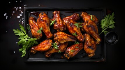 Naklejka premium Top view of delicious grilled chicken wings with spicy sauce. Serving fancy food in a restaurant.