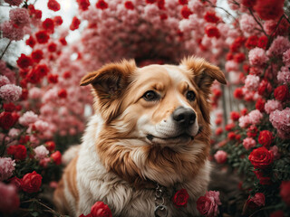 dog in the rose garden