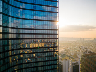 Fototapeta premium Istanbul's glass and concrete skyscrapers, home to offices, hotels, and residential complexes. Aerial drone view