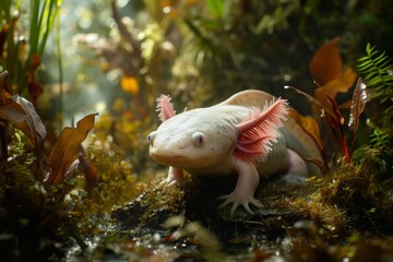 A rare white axolotl explores its lush underwater habitat, a delicate balance of beauty and fragility in nature.

