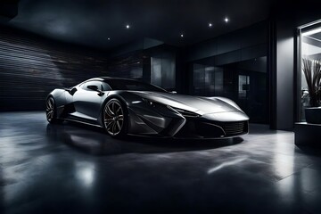 A luxury sports car parked in a sleek, modern showroom, with dramatic lighting highlighting its...