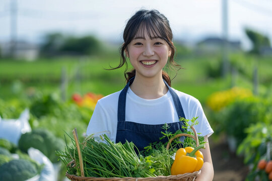 
A smiling Japanese woman who runs a farm with a basket of green and yellow vegetables, wearing a white T-shirt and navy apron,