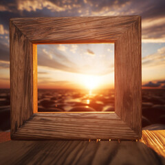 fotografia con detalle de marco de madera con paisaje de puesta de sol de fondo