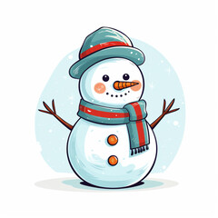 Ilustracion de tipo infantil de muñeco de nieve sobre fondo de color blanco