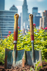 Gardening tools and plant in pots against a city backdrop.
