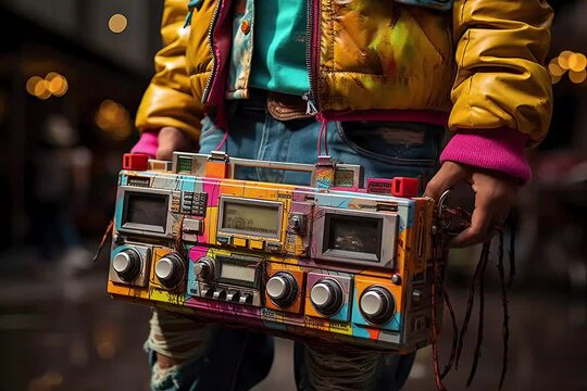 tape recorder with a sleek, retro design with prominent buttons, dials, and a cassette deck.80s style