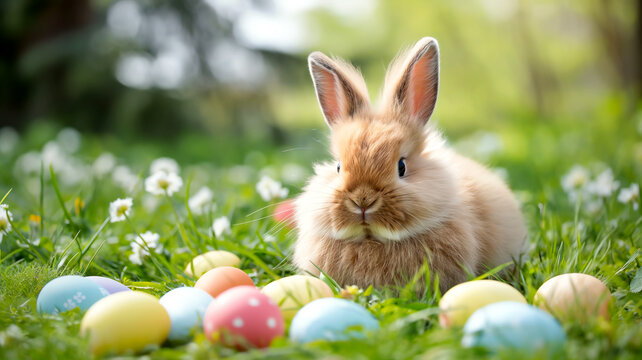 A Fluffy Bunny Rabbit Amidst Easter Eggs In A Spring Meadow