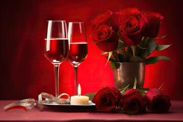 Romantic Setting for Valentine's: Sparkling Wine, Red Roses