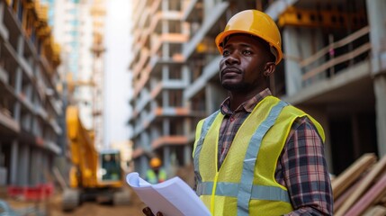 Confident construction worker with blueprints, depicting development and hard work.