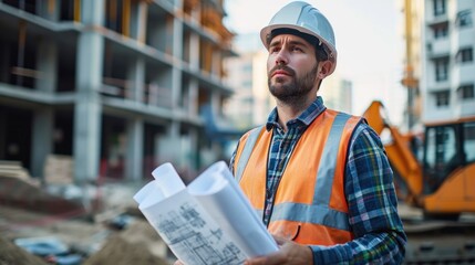 Confident construction worker with blueprints, depicting development and hard work.