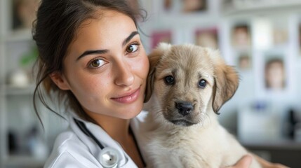 Caring female veterinarian examining a puppy, embodying compassion and animal care.