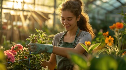 Young horticulturist caring for plants in a sunlit greenhouse, representing modern gardening and plant cultivation.
