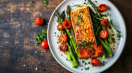 Grilled salmon steak with asparagus and cherry tomatoes on a white plate. - obrazy, fototapety, plakaty
