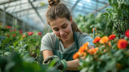 Young horticulturist caring for plants in a sunlit greenhouse, representing modern gardening and plant cultivation.