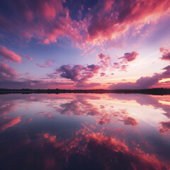 Fotografia con detalle de paisaje natural con cielo de atardecer reflejado sobre agua tranquila