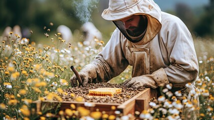 Beekeeper inspecting honeycomb in a field, highlighting sustainable beekeeping practices. - obrazy, fototapety, plakaty