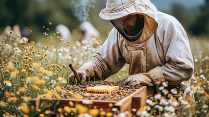 Fotobehang Beekeeper inspecting honeycomb in a field, highlighting sustainable beekeeping practices. © Ivy