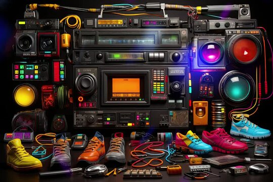 Animation of night club interior in neon lights .disco party 80s concept. High quality FullHD footage
