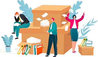 Three office workers overwhelmed with paperwork. Stressed employees managing excessive workload. Overwork and job stress vector illustration.
