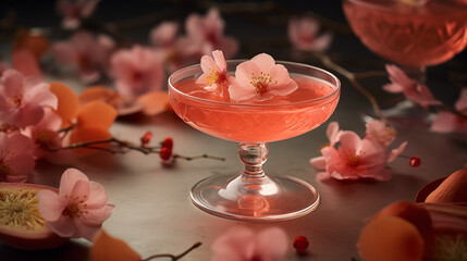 Elegant Crystal Glass with Peach Blossom Inspired Cocktail