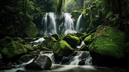 Outdoor kussens waterfall in the middle of a tropical forest with mossy rocks. natural natural scenery © nomesart