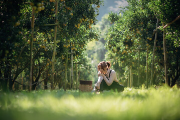 A happy woman farmer is resting in orchard or orange farm.