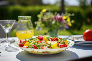Delicious healthy food with fresh salad, fruits and vegetables, served on the table in the garden	

