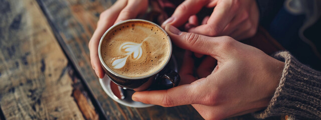 a man and a woman hold hands on a cup of coffee on a wooden table - obrazy, fototapety, plakaty