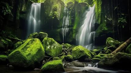 Poster waterfall in the middle of a tropical forest with mossy rocks. natural natural scenery © nomesart