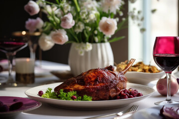 Table setting with roasted lamb, salad and vegetables	