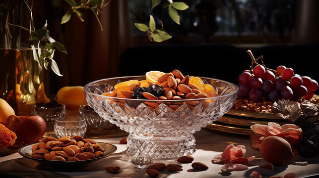 Luxurious Crystal Bowl with Nuts, Seeds, and Dried Fruits on Mahogany Table