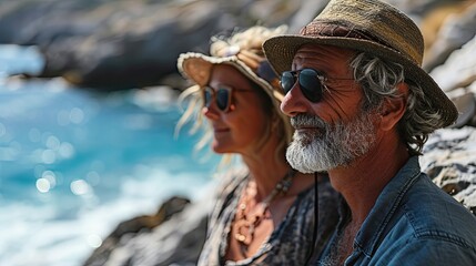 Joyful Senior Couple Enjoying a Sunny Beach Vacation Together.