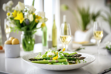 Table setting with food, grilled asparagus salad	 - obrazy, fototapety, plakaty
