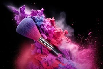 Make up brush with pink and purple powder explosion. 