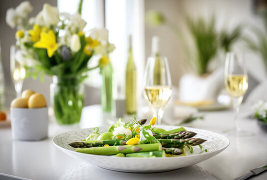 Table setting with food, grilled asparagus salad	