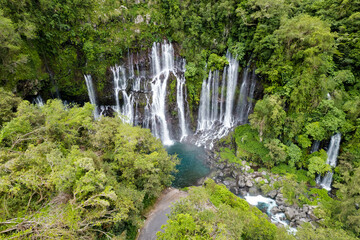 Aerial view on the Cascade Grand Galet and the Langevin basin of La Reunion island