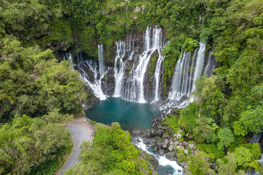 Aerial view on the Cascade Grand Galet and the Langevin basin of La Reunion island